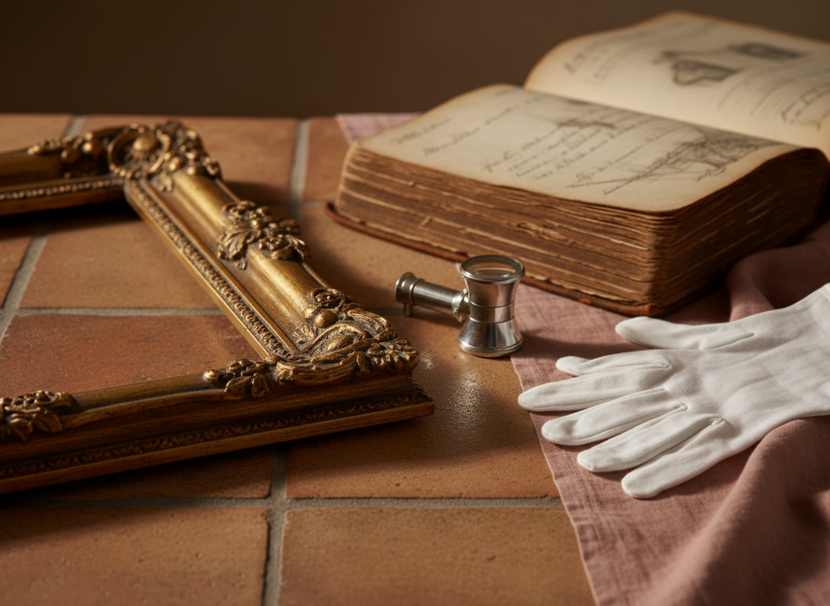 An elegant, muted still life of fine art appraisal in progress: a gilded antique picture frame corner, a magnifying loupe, white cotton gloves, and a leather-bound ledger resting on a warm terracotta and dusty rose surface.