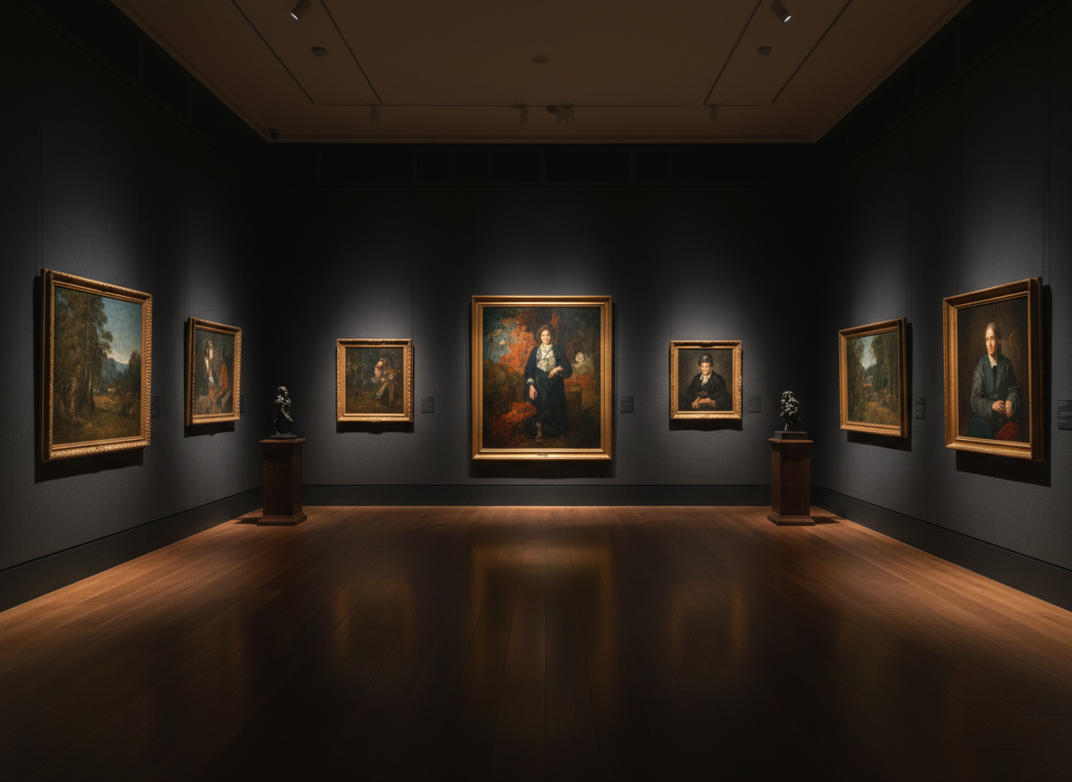 A moody, atmospheric fine art gallery interior. Dark walls with softly lit framed paintings. Warm, low ambient light. Deep tonal range — predominantly dark with subtle warm highlights. No text, no signage, no people. Sophisticated, curatorial, quiet. Editorial photography aesthetic.