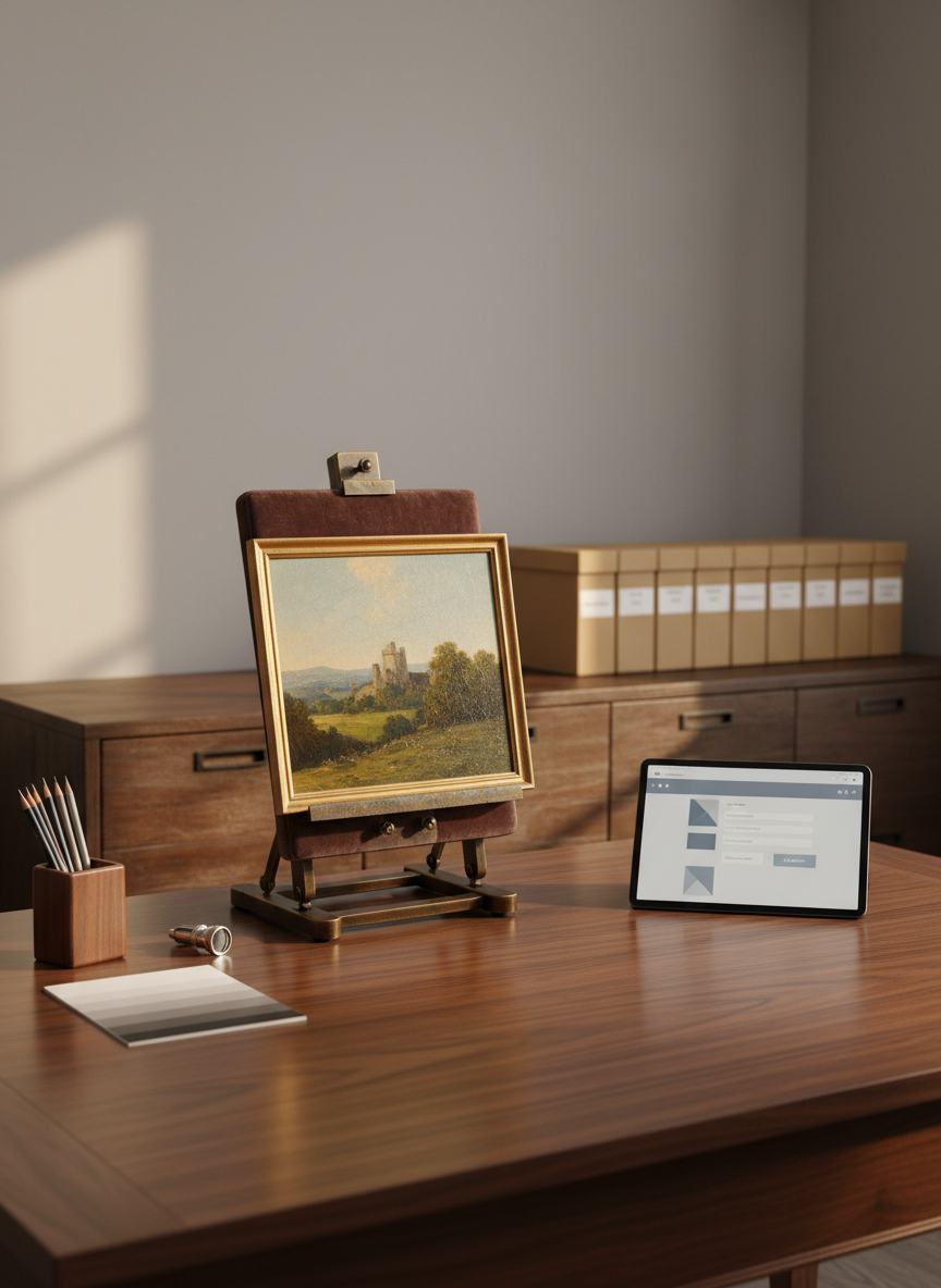 A professional appraisal workspace featuring a richly grained wooden desk against a soft gray wall, with an unframed vintage landscape painting resting on a cushioned easel. Around it are neatly arranged tools: a neutral color card, a jeweler’s loupe, archival pencils, and a tablet displaying a blank valuation form with subtle interface shapes but no readable text. A flat file cabinet and a row of labeled, closed storage boxes line the background, slightly out of focus. Diffused overhead lighting combines with gentle window light from the side, creating soft highlights on the painting’s surface. Photographic realism, shot at a three-quarter angle with balanced composition, evoking meticulous analysis and quiet concentration.