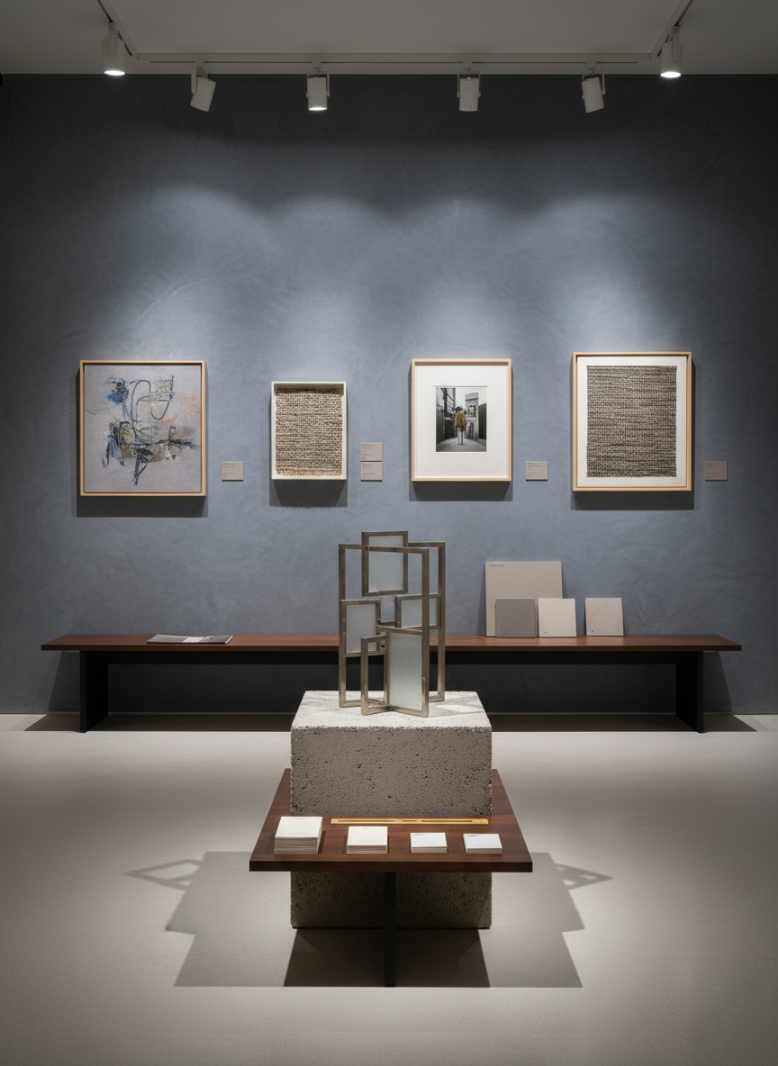 A sophisticated visual merchandising display within a boutique-style gallery, designed by a curatorial consultant.