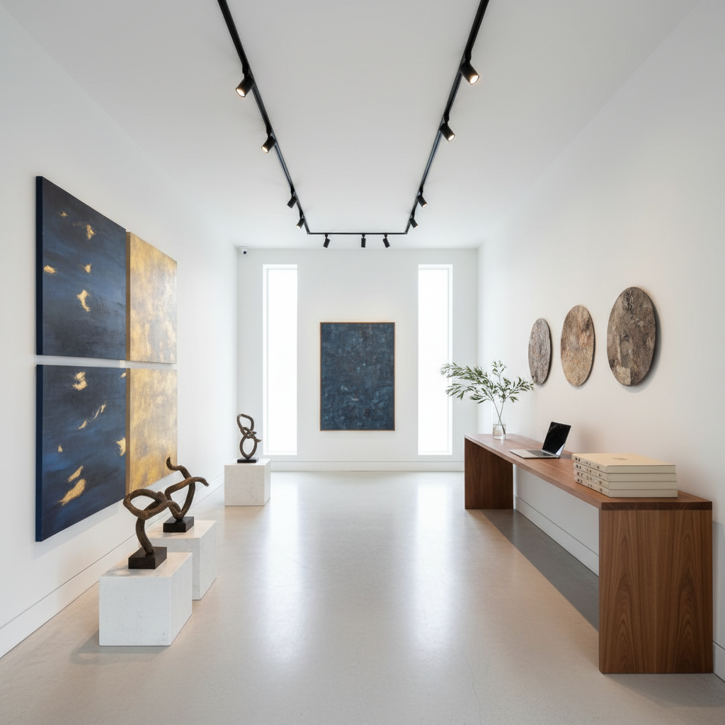 An elegant contemporary gallery interior designed for appraisal and consulting, with pristine white walls displaying a curated mix of modern paintings and sculptural pieces on minimalist plinths. A long, slim walnut console table stands along one wall, holding a closed laptop, a stack of blank archival folders, and a small vase with a single green branch. Track lighting from the ceiling casts focused, museum-quality beams onto each artwork, creating crisp pools of light and soft, directional shadows on the floor. Photographic realism from a slightly elevated, wide-angle perspective, showcasing clean lines, generous negative space, and a calm, sophisticated atmosphere suited to high-end appraisal and gallery design services.
