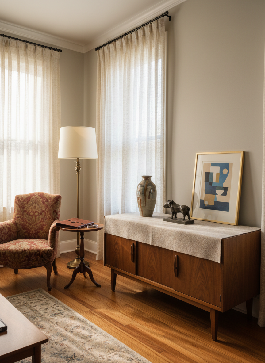 A tastefully furnished living room set up for an in-home estate appraisal, with a mix of fine art and furniture arranged for review.